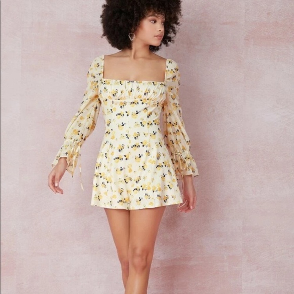 Shein Pale Yellow Floral Short Long Sleeve Bardot Romper Jumpsuit XS 2​​